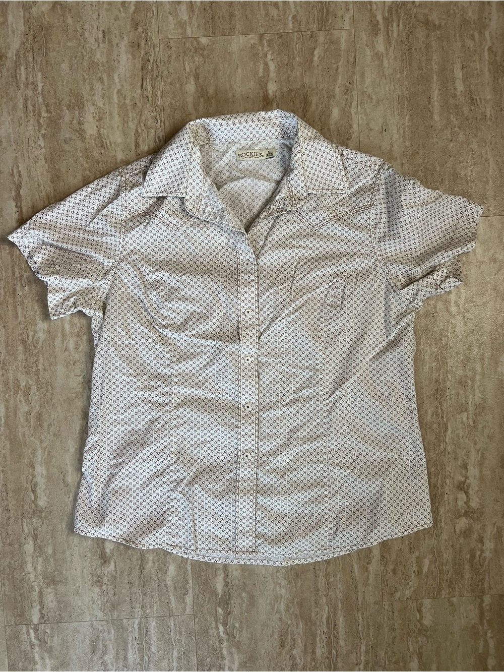 Rockies Cream Western Short-Sleeve Button-Up Brown Micro Motif Pattern Cotton XL